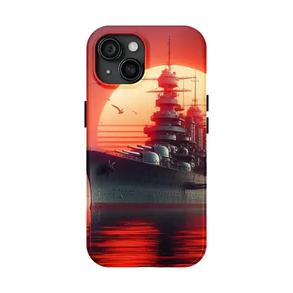Battleship Warship Red Sunset Ocean Art