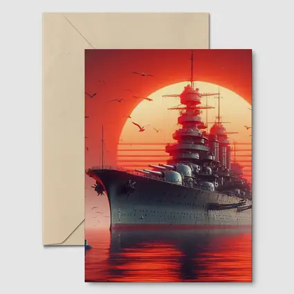 Battleship Warship Red Sunset Ocean Art