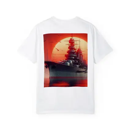Battleship Warship Red Sunset Ocean Art