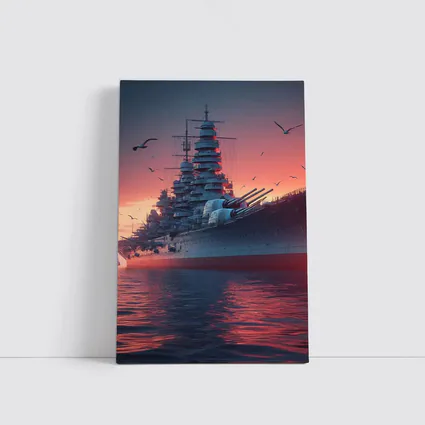 Battleship Warship Red Sunset Ocean Scene