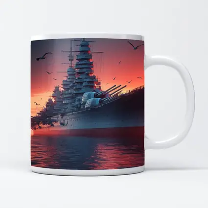 Battleship Warship Red Sunset Ocean Scene