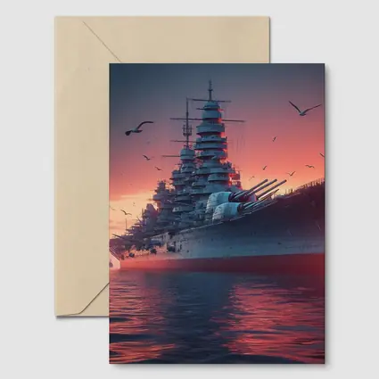 Battleship Warship Red Sunset Ocean Scene