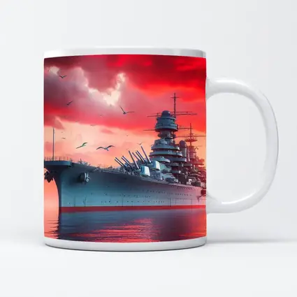 Battleship Warship Red Sky Military Art