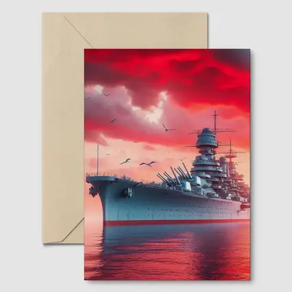 Battleship Warship Red Sky Military Art