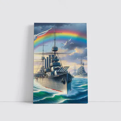 Warships Rainbow Ocean Seagulls Military Art
