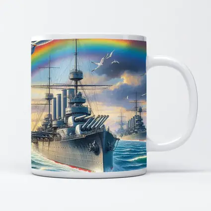 Warships Rainbow Ocean Seagulls Military Art