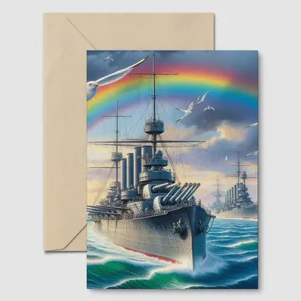 Warships Rainbow Ocean Seagulls Military Art