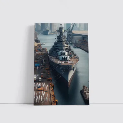Naval Battleship Docked at Busy Harbor