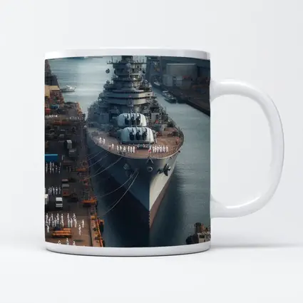 Naval Battleship Docked at Busy Harbor