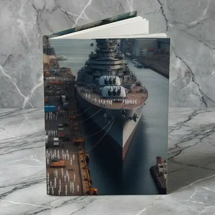 Naval Battleship Docked at Busy Harbor