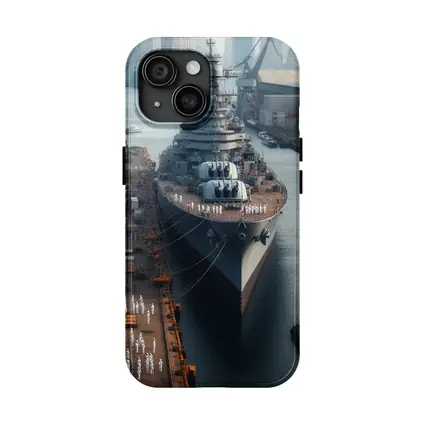 Naval Battleship Docked at Busy Harbor
