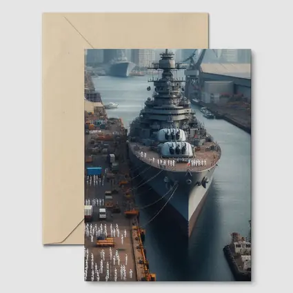 Naval Battleship Docked at Busy Harbor