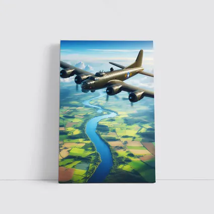 WWII B17 Bomber Flying Over Green Fields