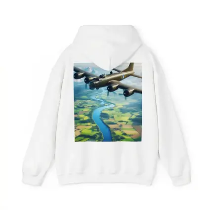WWII B17 Bomber Flying Over Green Fields