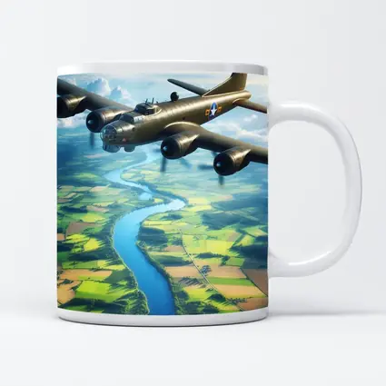 WWII B17 Bomber Flying Over Green Fields