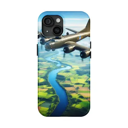 WWII B17 Bomber Flying Over Green Fields