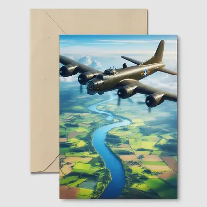WWII B17 Bomber Flying Over Green Fields