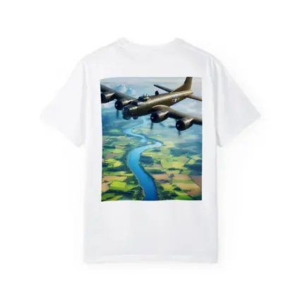 WWII B17 Bomber Flying Over Green Fields