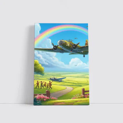 WWII Bomber Flying Over Green Fields Rainbow