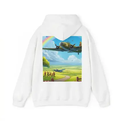 WWII Bomber Flying Over Green Fields Rainbow