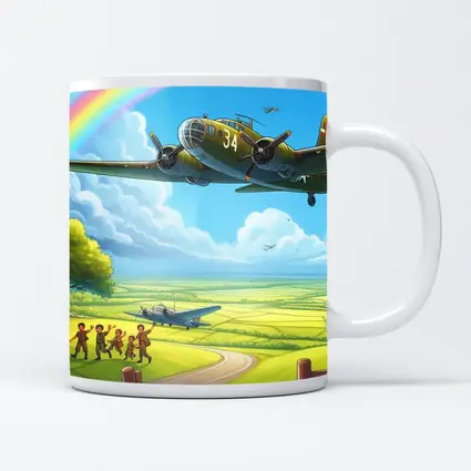 WWII Bomber Flying Over Green Fields Rainbow