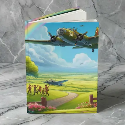 WWII Bomber Flying Over Green Fields Rainbow
