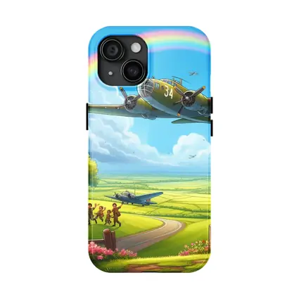 WWII Bomber Flying Over Green Fields Rainbow