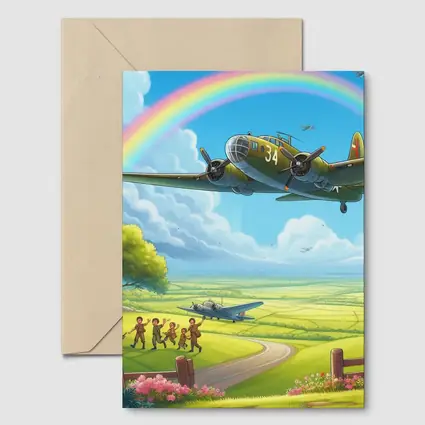 WWII Bomber Flying Over Green Fields Rainbow