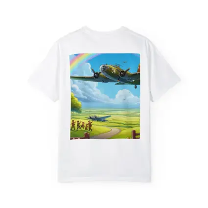 WWII Bomber Flying Over Green Fields Rainbow