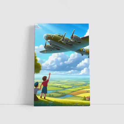 WWII Bomber Plane Over Green Fields