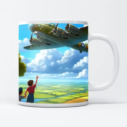WWII Bomber Plane Over Green Fields