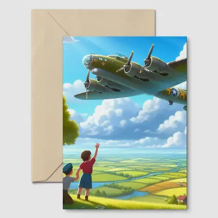 WWII Bomber Plane Over Green Fields