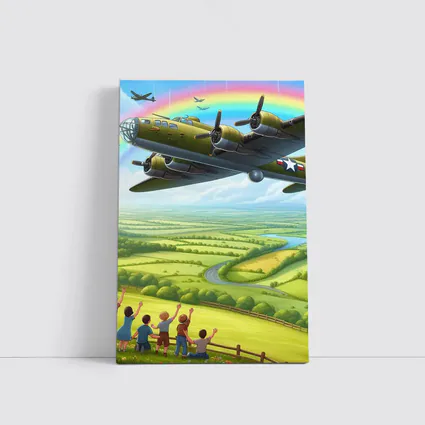 WWII Bomber Flying Over Green Countryside Rainbow