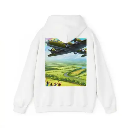 WWII Bomber Flying Over Green Countryside Rainbow