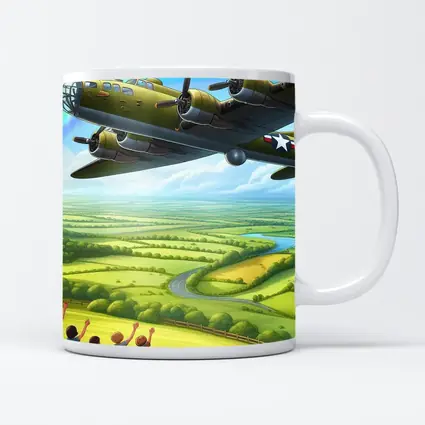 WWII Bomber Flying Over Green Countryside Rainbow