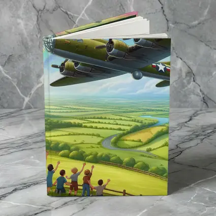 WWII Bomber Flying Over Green Countryside Rainbow