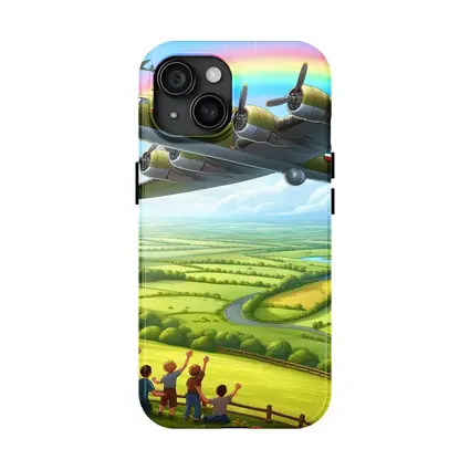 WWII Bomber Flying Over Green Countryside Rainbow