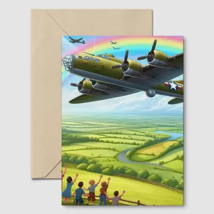 WWII Bomber Flying Over Green Countryside Rainbow
