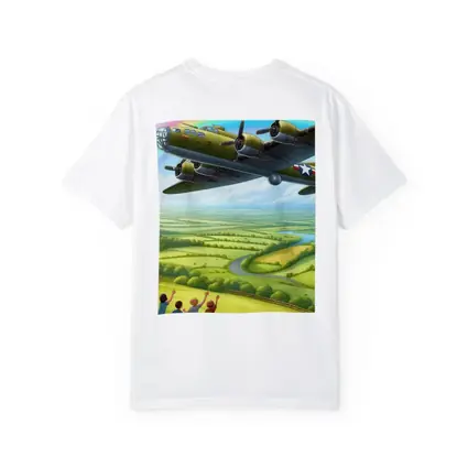 WWII Bomber Flying Over Green Countryside Rainbow