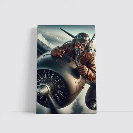 WWII Pilot Leaning Over Propeller Engine Sky