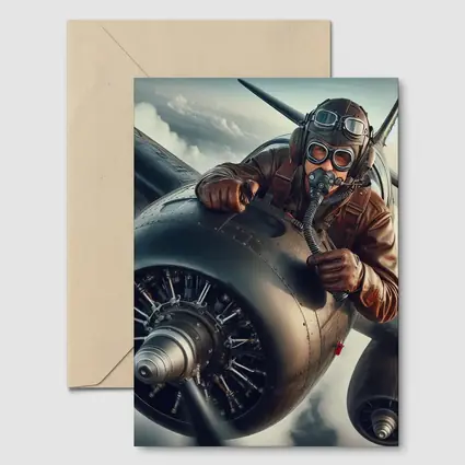 WWII Pilot Leaning Over Propeller Engine Sky