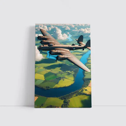 WWII Heavy Bomber Flying Over Green Fields
