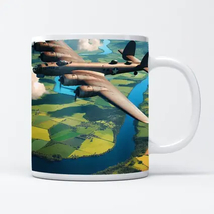 WWII Heavy Bomber Flying Over Green Fields