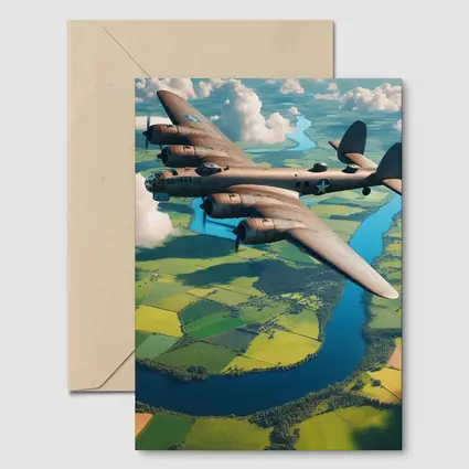 WWII Heavy Bomber Flying Over Green Fields