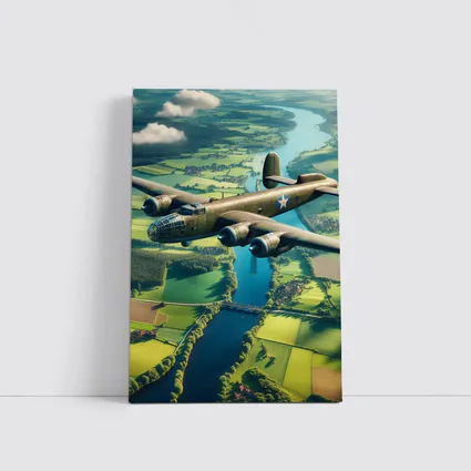 WWII Bomber Flying Over Green Countryside