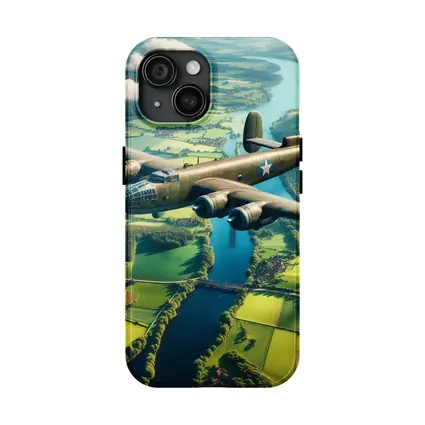 WWII Bomber Flying Over Green Countryside