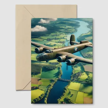 WWII Bomber Flying Over Green Countryside