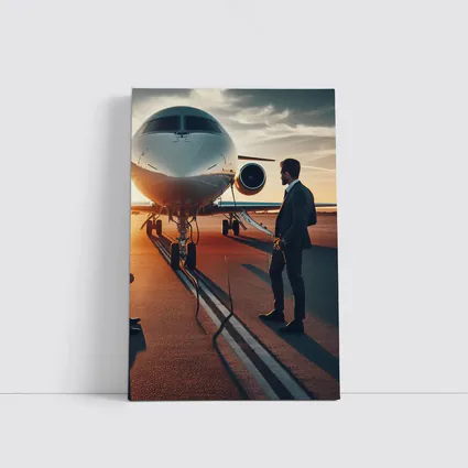 Businessman Standing Before Private Jet Sunset