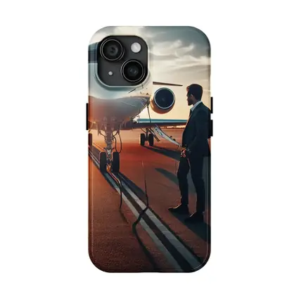 Businessman Standing Before Private Jet Sunset