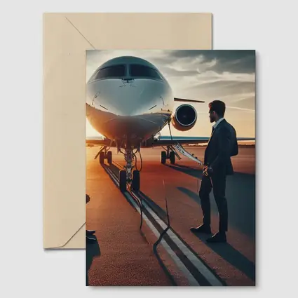 Businessman Standing Before Private Jet Sunset